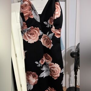 Black Dress with Coral Pink Floral Design